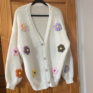 Cider 3D Floral Appliqué Cream Cardigan Sweater XXL Cottagecore Oversized